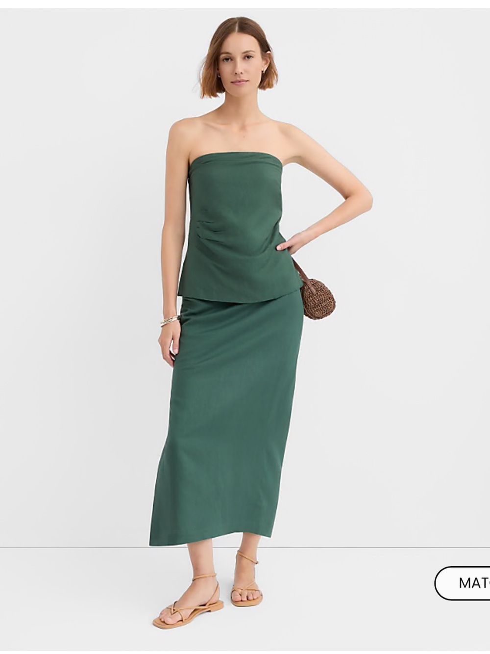 NWT LOFT Ruched Linen-Blend Strapless Midi 2pc Set in Forest Green